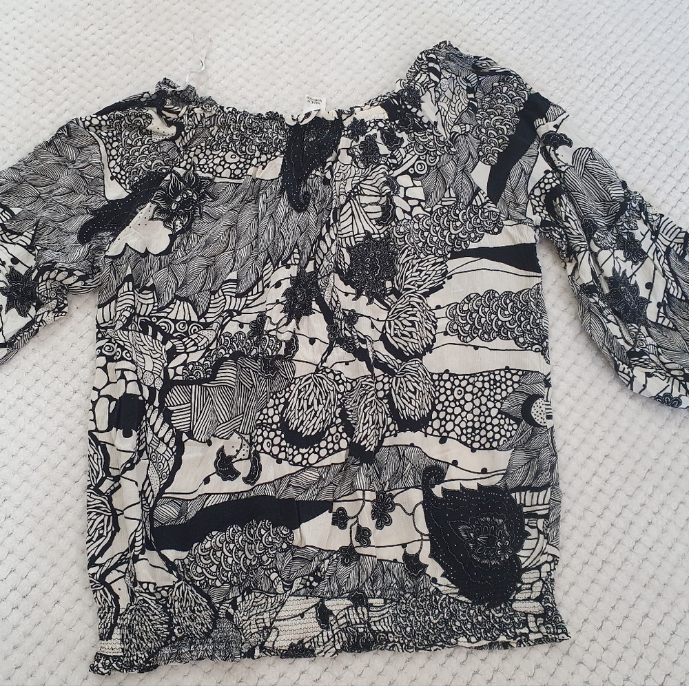 Desigual Black and White Floral Peasant Blouse